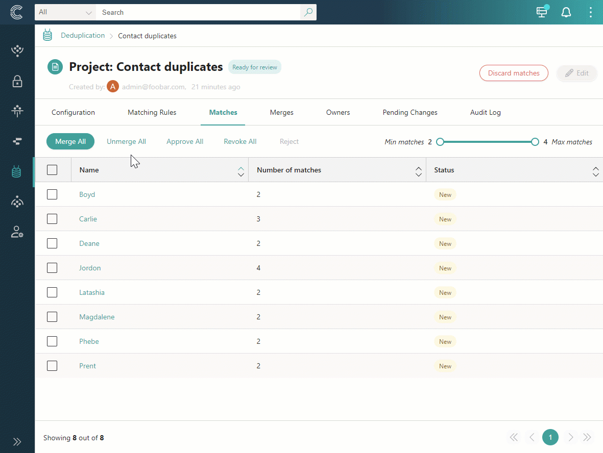 Animation: on the Matches tab, a group is opened, conflicting values are fixed, and the group is approved or rejected